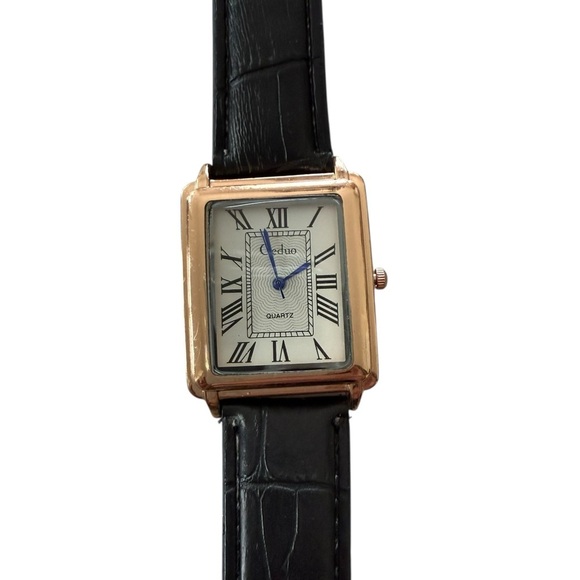 Classic Goldtone Square Quartz Watch Leather Strap - Picture 1 of 6